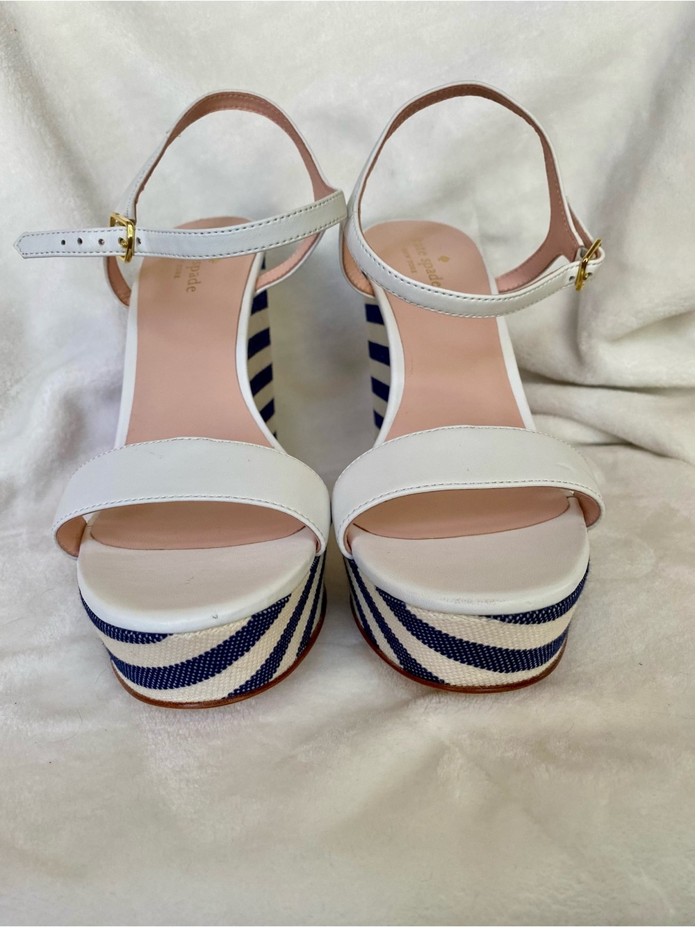Kate Spade White Leather Stripe Wedge Sandals with Lobster Accent - Picture 4 of 7